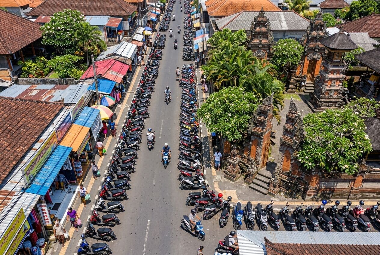 Aerial view of a busy Bali street with scooters and a temple gateway