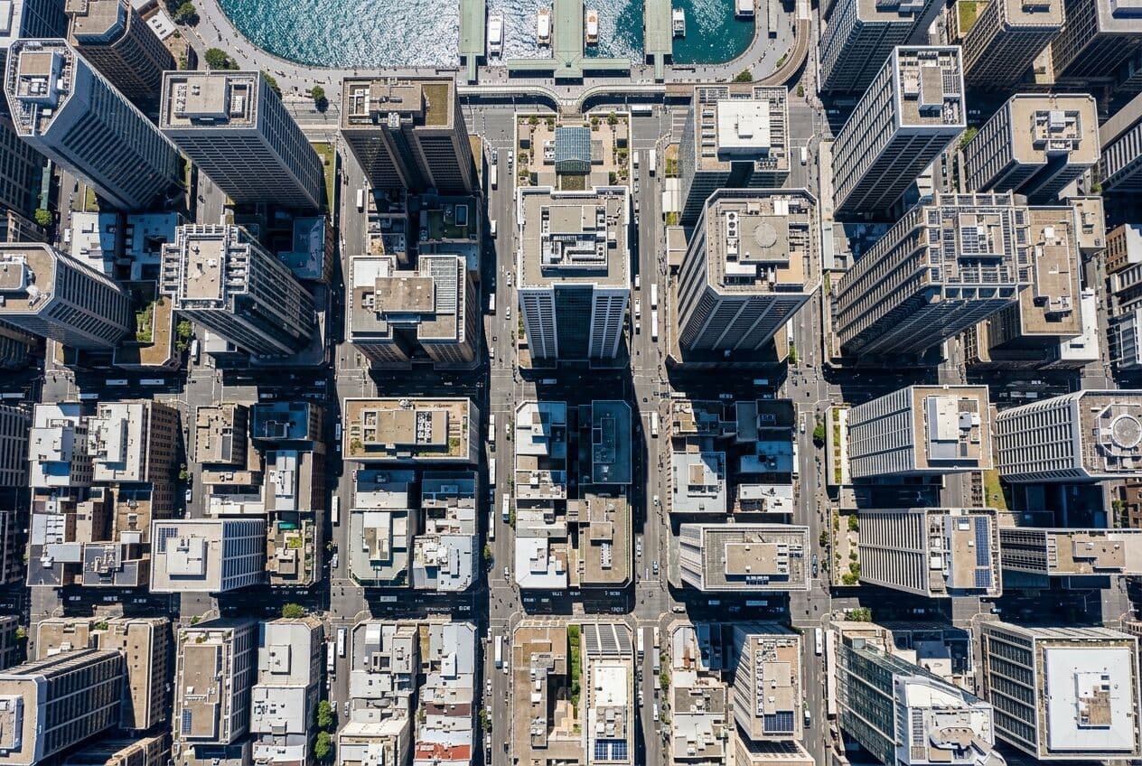 Aerial view of office towers in a city financial district