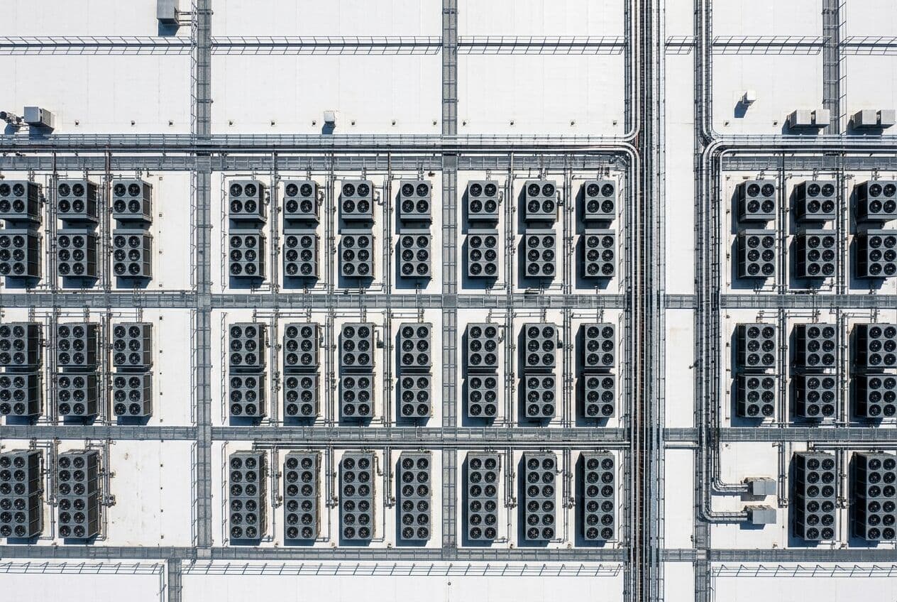 Aerial view of cooling units on a data centre roof