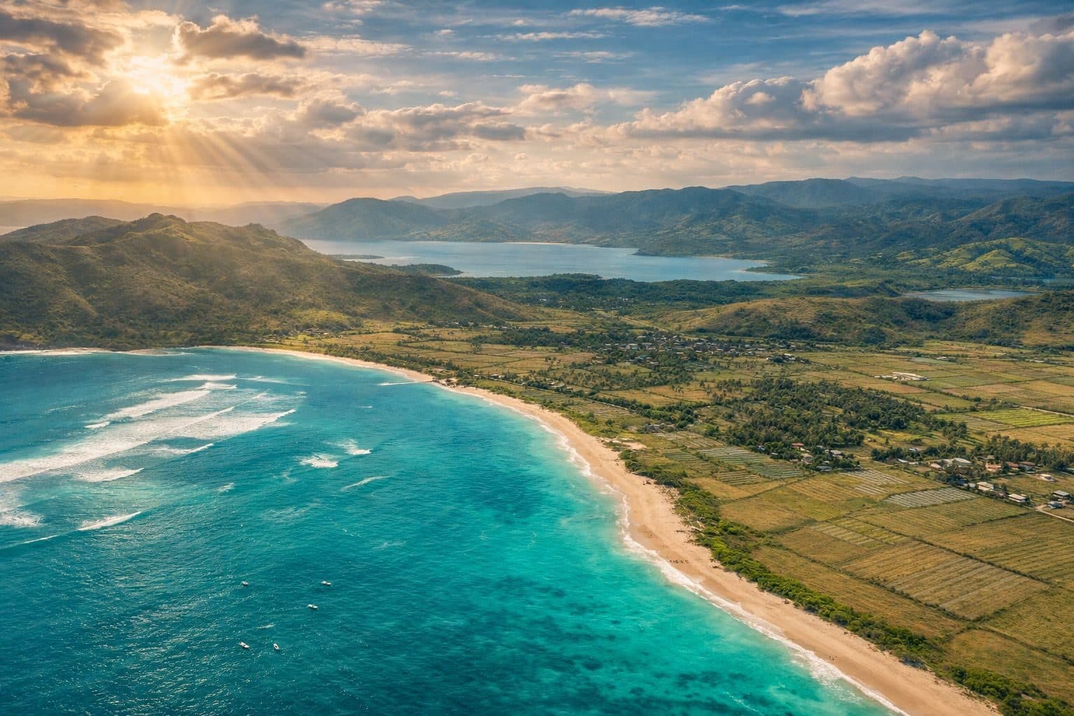 Aerial view of a turquoise bay and farmland on Lombok's south coast