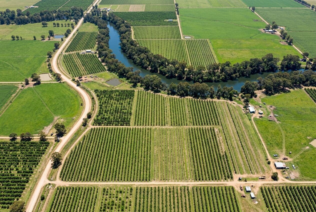 Aerial view of orchards and a river in the Goulburn Valley near Shepparton