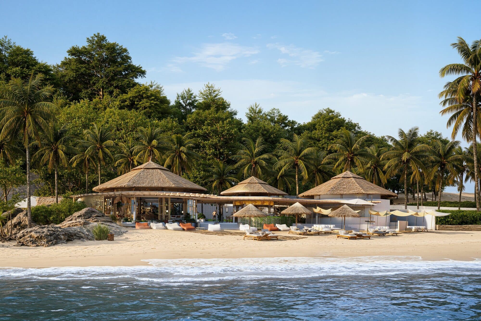 Render of the Saraya beach club with thatched pavilions on the sand, seen from the water