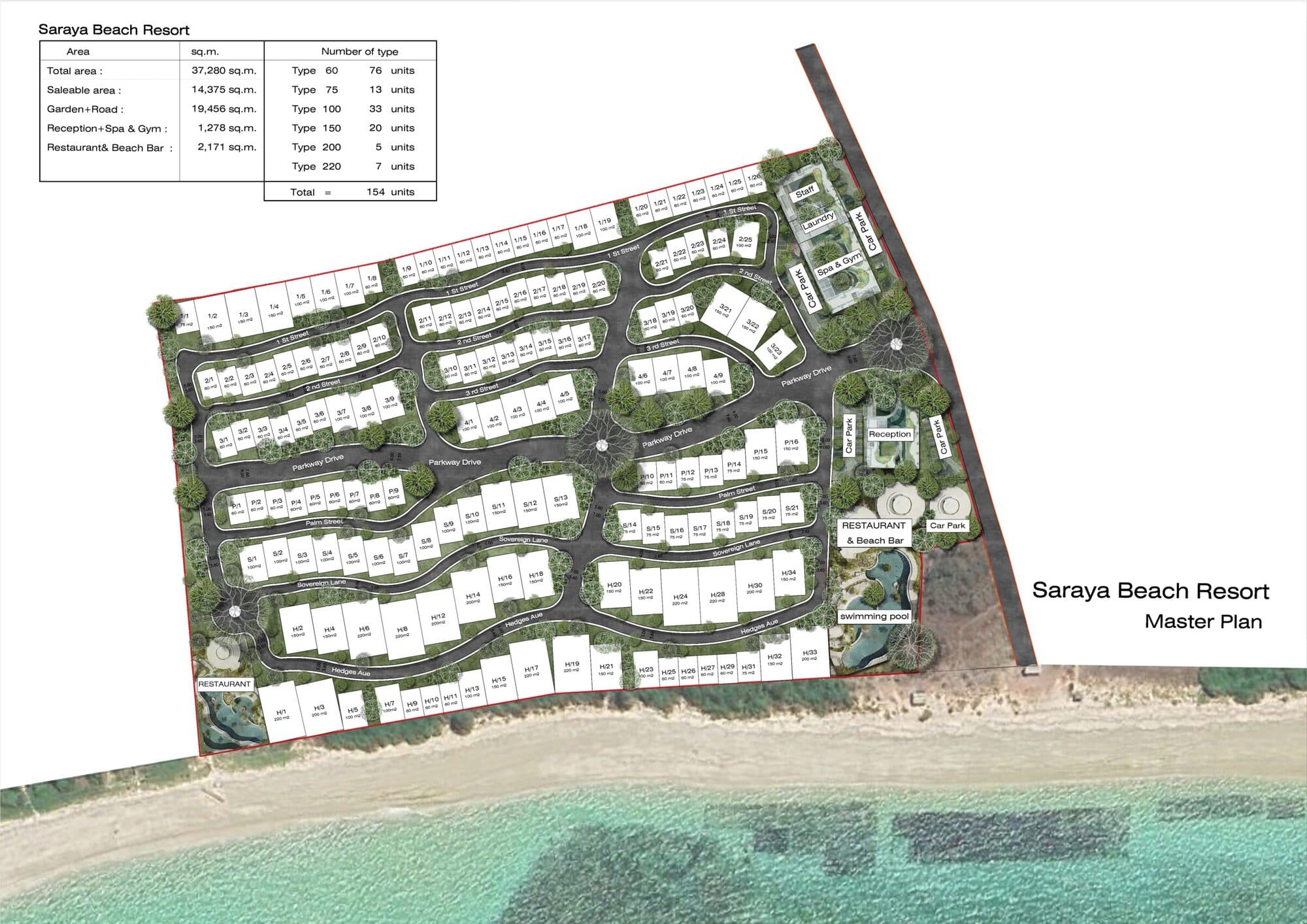 Master plan of Saraya Beach Resort showing 154 villas, gardens and roads along the beachfront