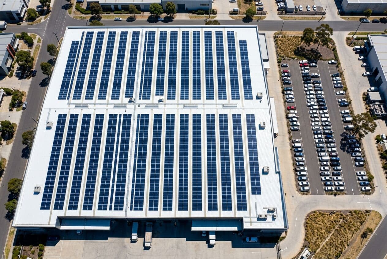 Aerial view of a commercial solar array on a warehouse roof