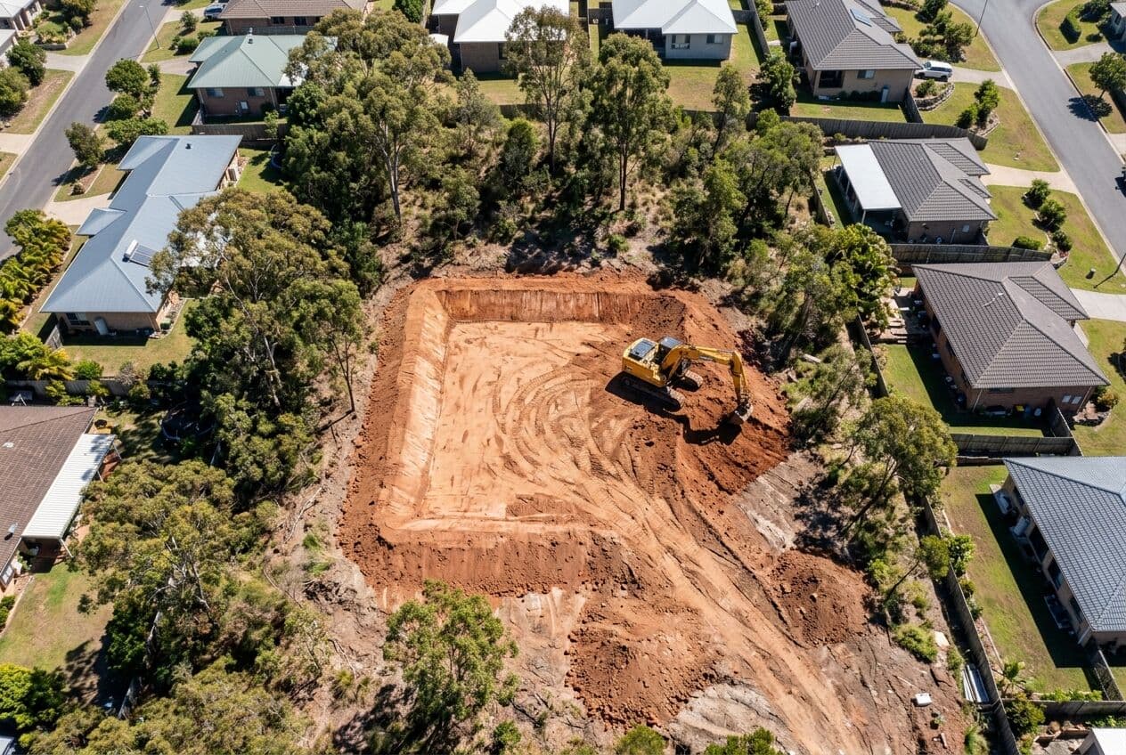 Aerial view of an excavator cutting a level house pad into a sloping block