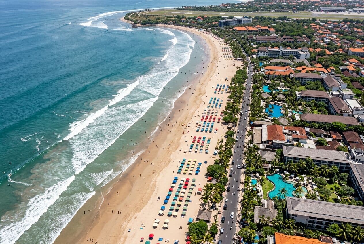 Aerial view of Kuta Beach in Bali with surf, umbrellas and beachfront hotels